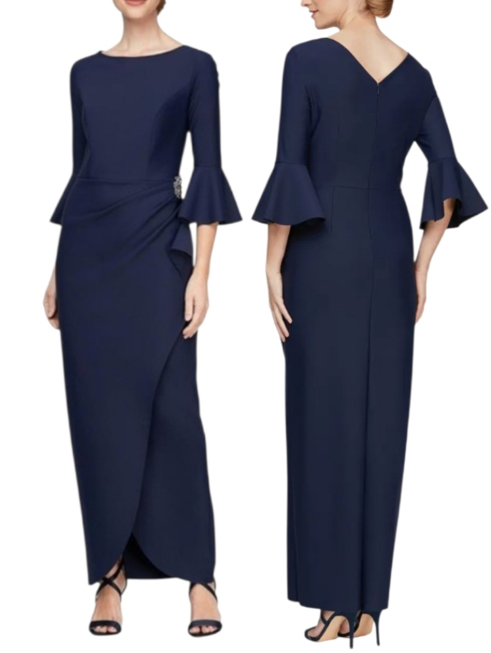 Alex Evenings Side Ruched Embellished Bell Sleeve Maxi Dress Full Length Gown